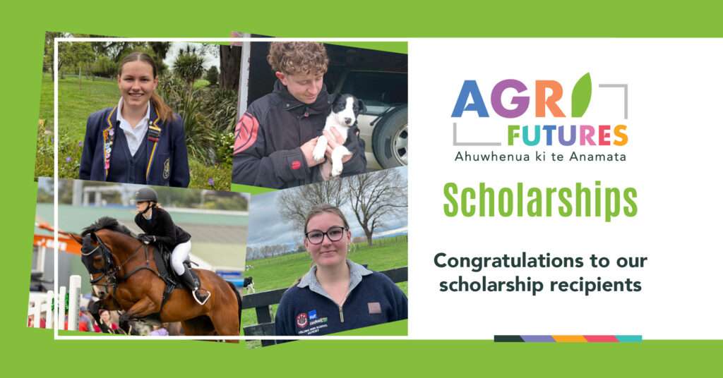 Photo montage of four people with overlay text that reads, "Agri Futures Scholarhips. Congratulations to our scholarship recipients."