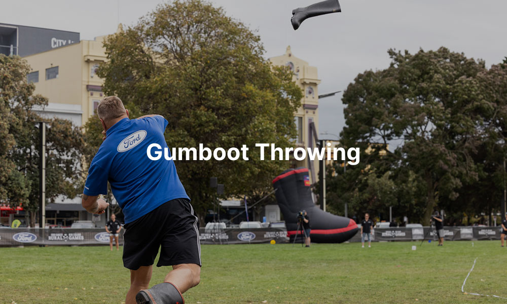 A competitor throwing a gumboot at the NZ Rural Games with overlay text that reads, "Gumboot throwing"