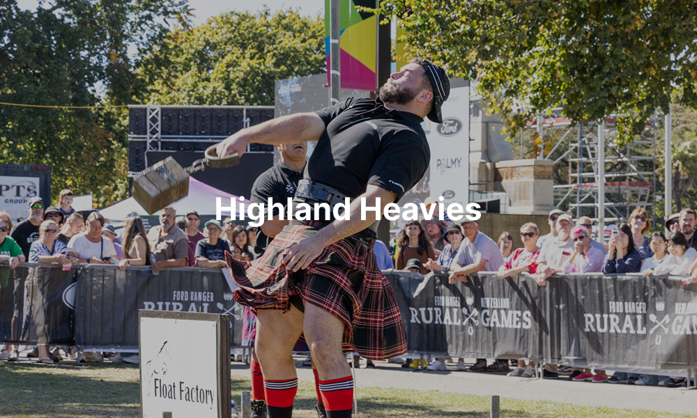 A Highland Heavies competitor at the NZ Rural Games with overlay text that reads, 'Highland Heavies"